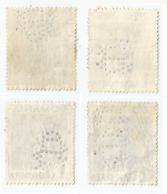 *Romania, lot 7 cu 4 timbre perforate identice cu perforatii in pozitii diferite foto