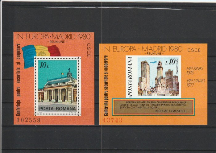 ROMANIA 1980 LP 1018 LP 1019 C.S.C.E. MADRID + 2 COLITE DT SI NDT MNH NESTAMP