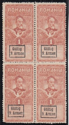 ROMANIA 1918 TIMBRU FISCAL 1 LEU SUPRATIPAR GULTIG 9 ARMEE BLOC DE 4 TIMBRE GUMA ORIGINALA MNH/SARNIERA TIMBRUL STANGA SUS foto