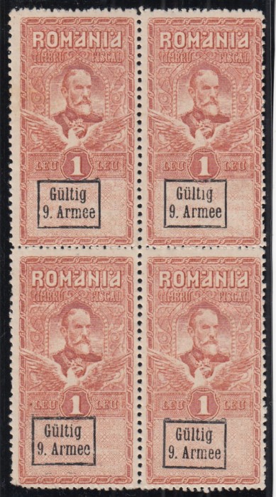 ROMANIA 1918 TIMBRU FISCAL 1 LEU SUPRATIPAR GULTIG 9 ARMEE BLOC DE 4 TIMBRE GUMA ORIGINALA MNH/SARNIERA TIMBRUL STANGA SUS