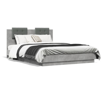 vidaXL Cadru de pat cu tăblie și lumini LED, gri beton, 140x200 cm foto