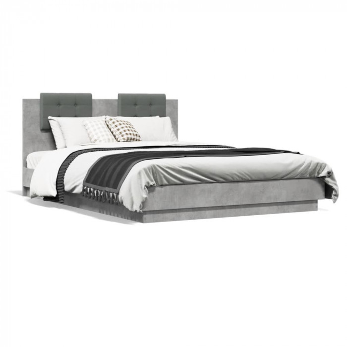 vidaXL Cadru de pat cu tăblie și lumini LED, gri beton, 140x200 cm
