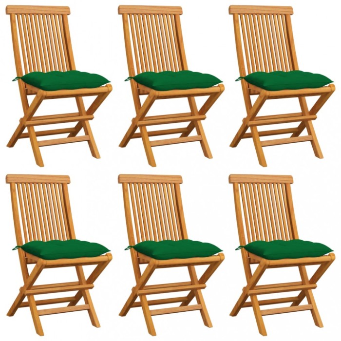 vidaXL Scaune de grădină cu perne, 6 buc., verde, lemn masiv de tec 3065610