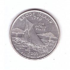 Moneda SUA 25 centi/quarter dollar 2001 P, Rhode Island 1790, stare buna, curata