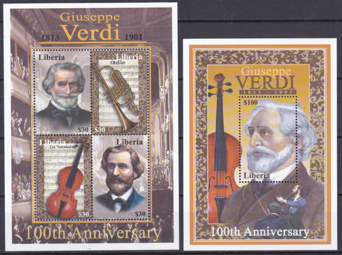 DB1 Pictura Liberia Compozitori Giuseppe Verdi 100 Ani MS + SS MNH