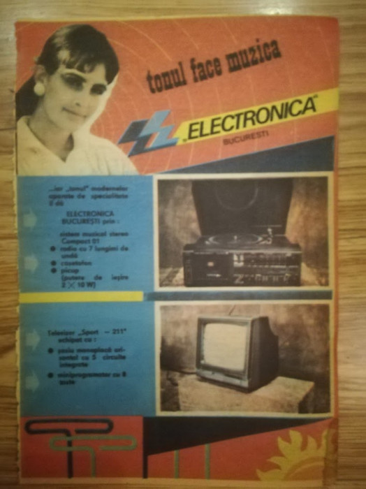 1989 Reclamă ELECTRONICA casetofoane stereo, TV SPORT comunism Bucuresti 24x15,5