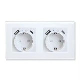 Priza dubla inteligenta de perete16A USB Type-C, Wi-Fi, Rama din sticla, Monitorizare consum, 16A, Smart Life / Tuya APP, Alb @SmartWiz smw129, Priza inteligenta