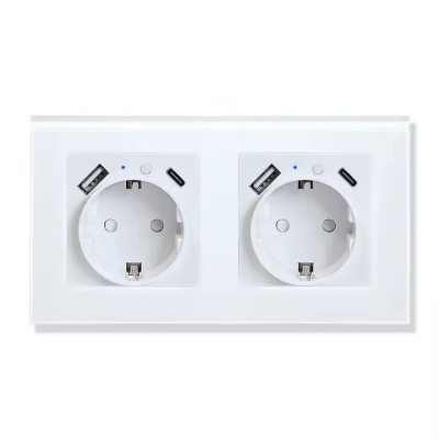 Priza dubla inteligenta de perete16A USB Type-C, Wi-Fi, Rama din sticla, Monitorizare consum, 16A, Smart Life / Tuya APP, Alb @SmartWiz smw129 foto