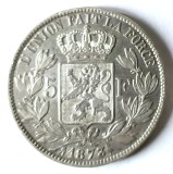 BELGIA 5 FRANCI 1873 PROTEGE ARE 27 MM APOSTROF MARE DUPA L ARGINT XF++, Europa
