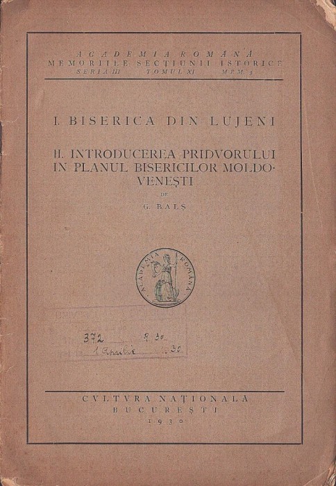 C8781N Biserica din Lujeni, Introducerea pridvorului &icirc;n planul bisericilor moldovenești de G Balș, 1930