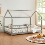 Pat casuta copii Hesel cu grilaj protectie 200x140cm lemn gri [en.casa] HausGarden Leisure