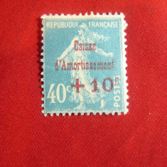 Timbru 40+10C albastru Franta supratipar Caisse d'Amortissment 1931,sarniera