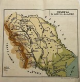 1935 Hartă Moldova cu Bucovina si Basarabia. Rom&acirc;nia interbelică , munti dealuri ses, geografie, cromolitografie