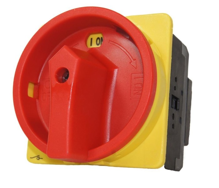 Intrerupator principal 63A 3 poli 22kW de urgenta incastrat cu placa galbena frontala 88x88mm