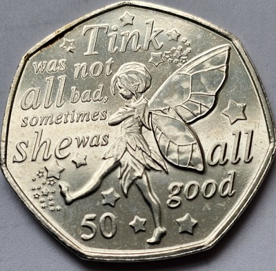 50 pence 2020 Isle of Man/ Insula Man, Tinkerbell, Peter Pan II, km#1669, aunc foto