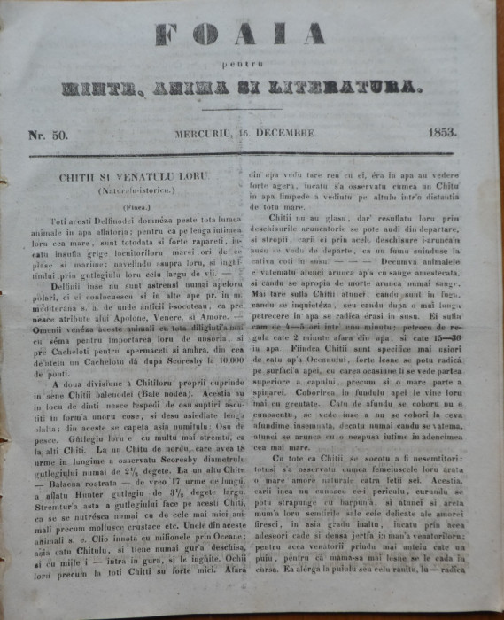 Ziarul Foaia pentru minte , inima si literatura , nr. 50 , 1853