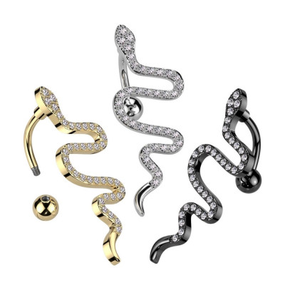 Piercing din oțel pentru buric - șarpe t&amp;acirc;r&amp;acirc;tor, zirconii transparente, PVD - Culoare: Auriu foto