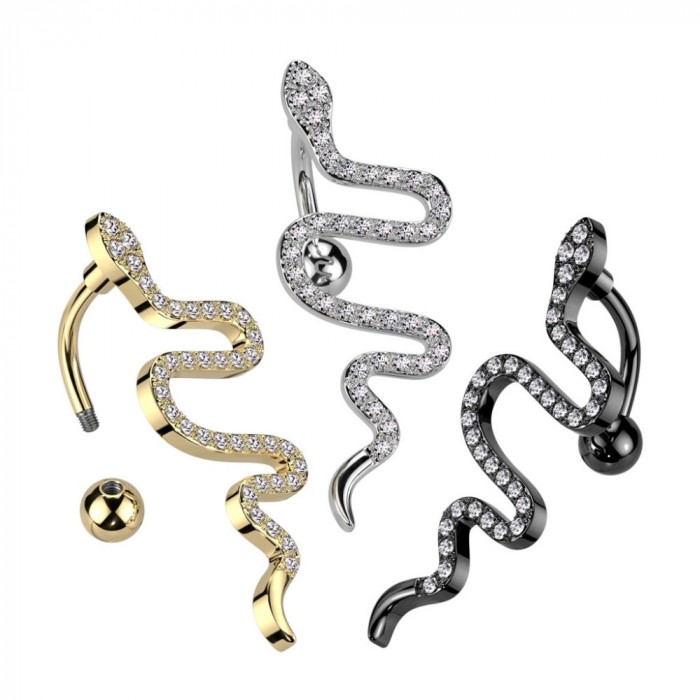 Piercing din oțel pentru buric - șarpe t&acirc;r&acirc;tor, zirconii transparente, PVD - Culoare: Auriu