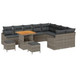 Set 12 Piese Grădină Perne Gri Ratan Polimer Acacia, Canapea 2 Locuri Grădină Spațiu Stocare &amp; Perne Gri Ratan Polimer, Set Masă Grădină 3 Piese Perne, vidaXL