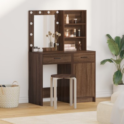 vidaXL Set masă toaletă cu LED, 2 piese, stejar negru, lemn prelucrat foto