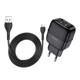 Incarcator Retea cu cablu MicroUSB HOCO C77A, 2 X USB, 2.4A, Negru