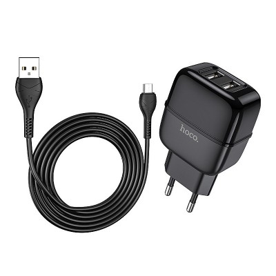 Incarcator Retea cu cablu MicroUSB HOCO C77A, 2 X USB, 2.4A, Negru foto