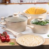 Set de oale cu capac, crem, din aluminiu turnat, 7 piese cu strat antiaderent din marmura, Klausberg