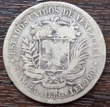 (A596) MONEDA DIN ARGINT VENEZUELA - 5 BOLIVARES 1886, 25 GRAME, PURITATE 900, Europa