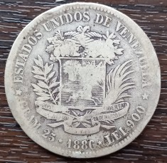 (A596) MONEDA DIN ARGINT VENEZUELA - 5 BOLIVARES 1886, 25 GRAME, PURITATE 900