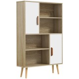 HOMCOM Bibliotecă scandinavă 4 nișe + 2 dulapuri cu poliță dim. 80L x 24l x 123H cm Picioare conice &icirc;nclinate Lemn masiv Stejar | Aosom Romania