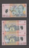 ROMANIA 10 LEI x 2 - 2008 (retiparit 2010) -Serii consecutive - Necirculate UNC