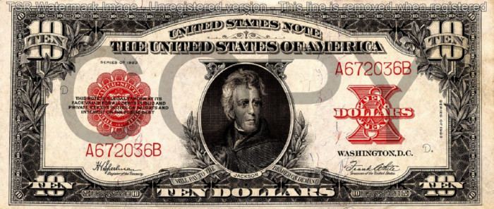 10 dolari 1923 Reproducere Bancnota USD , Dimensiune reala 1:1
