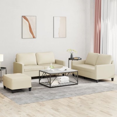 vidaXL Set de canapele cu perne, 3 piese, crem, piele ecologică foto