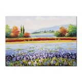 Tablou peisaj camp cu flori pictat manual lving, dormitor, 70x50cm ulei pe panza in cutit efect 3D