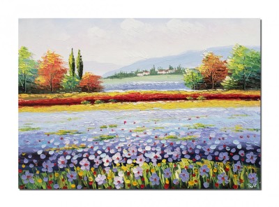 Tablou peisaj camp cu flori pictat manual lving, dormitor, 70x50cm ulei pe panza in cutit efect 3D foto