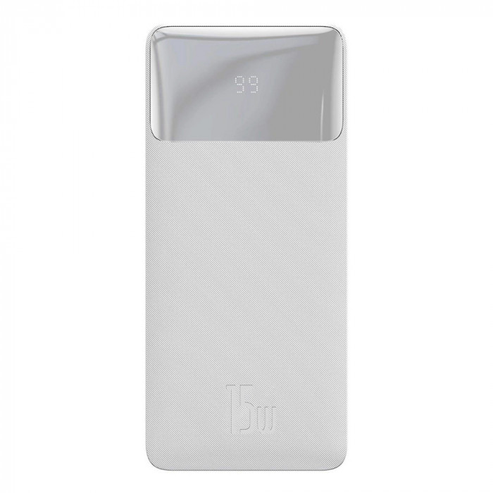 Powerbank cu afișaj 30000mAh 15W alb + cablu USB - Micro USB 0,25m alb Baseus Bipow