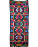 Covor / scoarță vintage din l&acirc;nă 173&times;407 cm, țesut la război, runner extra lung, model geometric tip kilim, cu franjuri