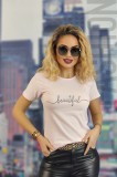 U833-5112 Tricou casual cu imprimeu text &quot;beautiful&quot;