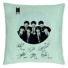 Perna Decorativa BTS Army in Costum cu Semnaturi, 40x40 cm, Verde Menta, Husa Detasabila, Burduf foto