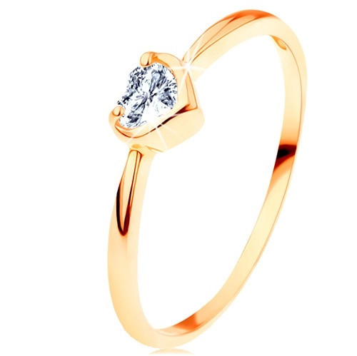 Inel de aur galben de 14K - zirconiu transparent &icirc;n formă de inimă cu margine lucioasă - Marime inel: 57