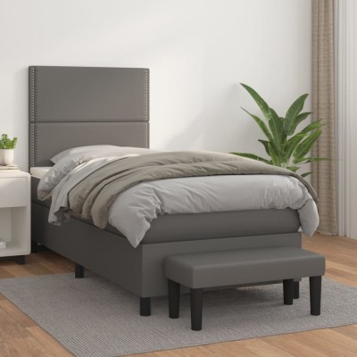 vidaXL Pat box spring cu saltea, gri, 90x190 cm, piele ecologică 3137579 foto