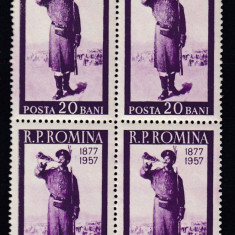 ROMANIA 1957 LP 437 - 80 ANI RAZBOI INDEPENDENTA ROMANIA BLOC DE 4 TIMBRE MNH