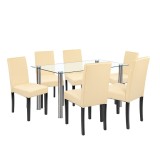 Set Masa Cadiz 6 1 Leziter Alb-Bej cu 6 Scaune Kelly Piele ECO si Masa Sticla Berna 140cm