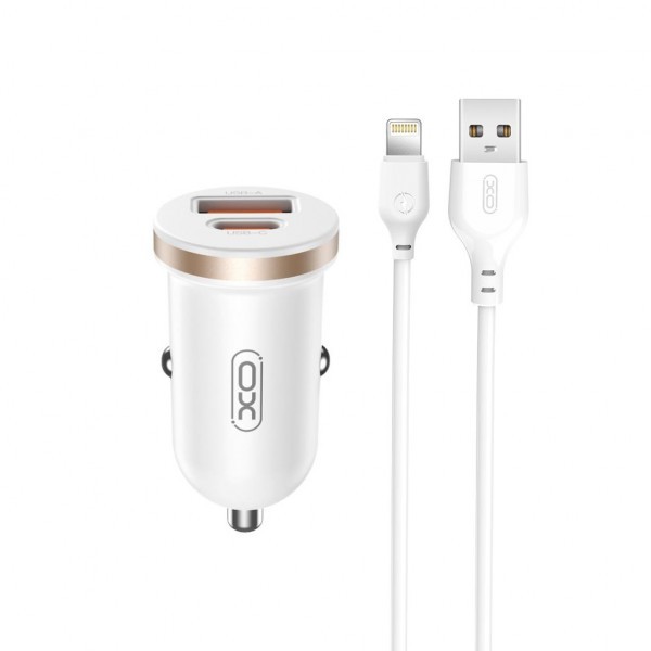 Incarcator Auto Cu Cablu Lightning XO Design CC56, 30W, 3A, 1 x USB-A - 1 x USB-C, Alb