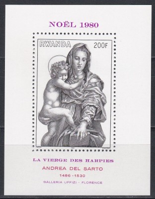 Rwanda 1980 - Crăciun - Pictură de Del Sarto, in Galeria Uffizi, Colita, MNH foto