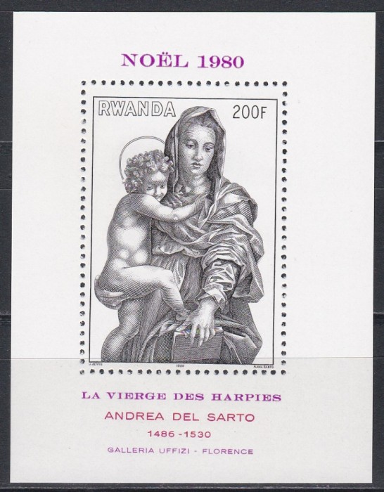Rwanda 1980 - Crăciun - Pictură de Del Sarto, in Galeria Uffizi, Colita, MNH