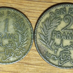 Tunisia protectorat francez - set superb - 1 franc 1945 + 2 franci / francs 1921