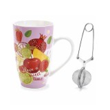 Cumpara ieftin Cana ceai cu infuzor, portelan multicolor in cutie cadou, Fructe &Oslash; 8,5 cm x 13,5 H, 450 ml