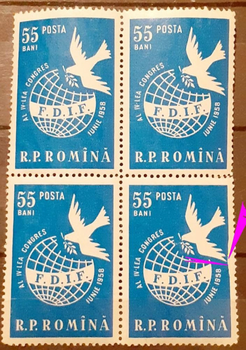 ROMANIA 1958 LP 455, federatia femeilor democrate,bloc de 4, MNH, eroare