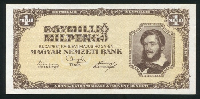 t820 UNGARIA UN MILION DE MILIOANE Pengo 1946 Egymilli&oacute; Mil Pengő KOSSUTH LAJOS SUPERINFLATIE UNC